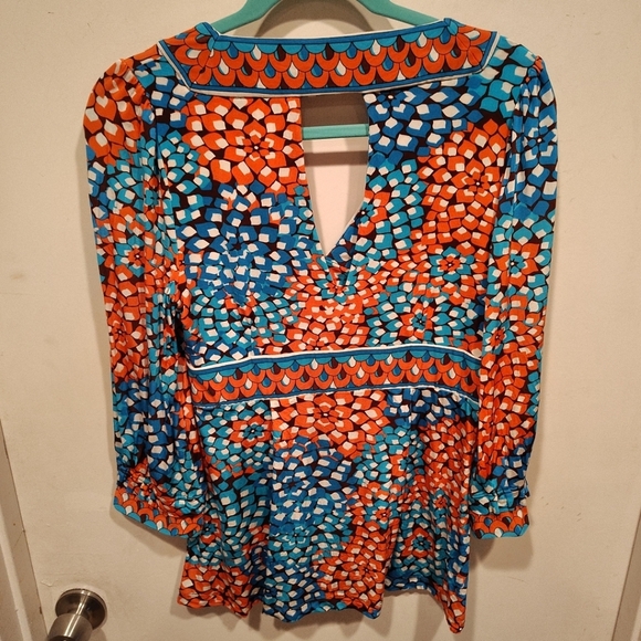 Eci New York Multicolor Mosaic Floral Babydoll V-Neck Tunic Top Sz M Y2K Boho - Picture 7 of 8